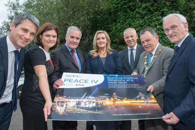 2017: Council Head of Business Kevin O'Connor (left) with then Mayor,  Councillor Maoliosa McHugh, at the launch of another local business support project. Included were Sue Divin Programme Manager Peace IV, Gearoid O hEara, Co-Chair Peace IV Partnership Board,  Gina McIntyre, CEO, SEUPB,  John Kelpie, Chief Executive Derry and Strabane District Council and  Alderman Drew Thompson, Co-Chair Peace IV Partnership Board.