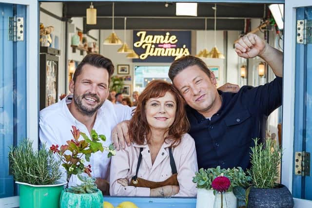Jimmy Doherty, Susan Sarandon and Jamie Oliver on set of Friday Night Feast for Channel 4