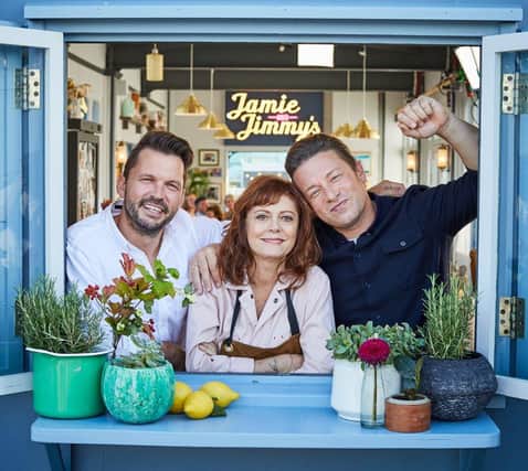Jimmy Doherty, Susan Sarandon and Jamie Oliver on set of Friday Night Feast for Channel 4