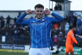 Ben Doherty celebrates after scoring the winning goal against Glentoran earlier in the season. Picture by Brian Little/INPHO