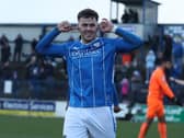 Ben Doherty celebrates after scoring the winning goal against Glentoran earlier in the season. Picture by Brian Little/INPHO