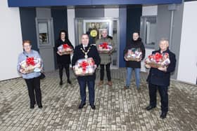 Mayor Tierney pictured recently in Rosemount during the distribution of hampers by the Foyleside DEA with Eileen Kivlehan, Rosemount Resource Centre, Kat Kealey, Foyleside DEA (Locality Youth Partnership), Tommy Taylor, Rosemount Resource Centre, Adrian Kelly, GDII and Min McCann, BHCP. (Photo: Jim McCafferty Photography)