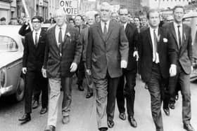 October 5, 1968... Brendan Hinds (far right) was among the organisers of the iconic civil rights march which was violently attacked by the RUC at Duke Street. Included in photo are Kevin Agnew, Paddy Devlin, Eddie McAteer, Gerry Fitt and Ivan Cooper.
