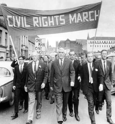 October 5, 1968... Brendan Hinds (far right) was among the organisers of the iconic civil rights march which was violently attacked by the RUC at Duke Street. Included in photo are Kevin Agnew, Paddy Devlin, Eddie McAteer, Gerry Fitt and Ivan Cooper.