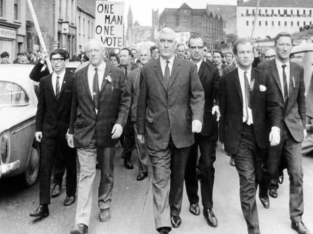 October 5, 1968... Brendan Hinds (far right) was among the organisers of the iconic civil rights march which was violently attacked by the RUC at Duke Street. Included in photo are Kevin Agnew, Paddy Devlin, Eddie McAteer, Gerry Fitt and Ivan Cooper.