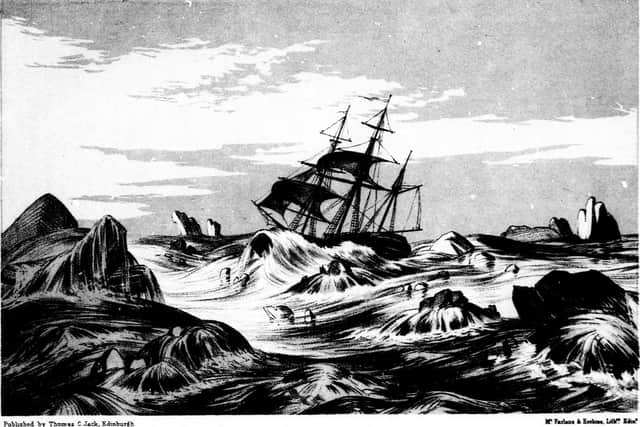 A contemporary illustration of HMS Trent, on which Alexander Gilfillan served, stuck in packed ice in 1818.