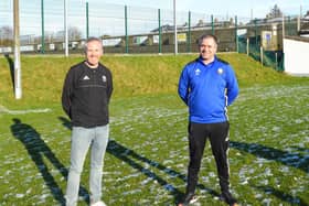 Tommie Caldwell Buncrana Hearts, Chairman congratulating new Senior Team Manager Gary Duffy (right).