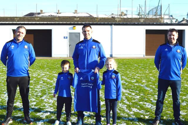 Members of Buncrana Hearts FC, including new senior manager, Gary Duffy, pictured with the club's new kit kindly sponsored by Gerard Doherty Plastering Ltd.