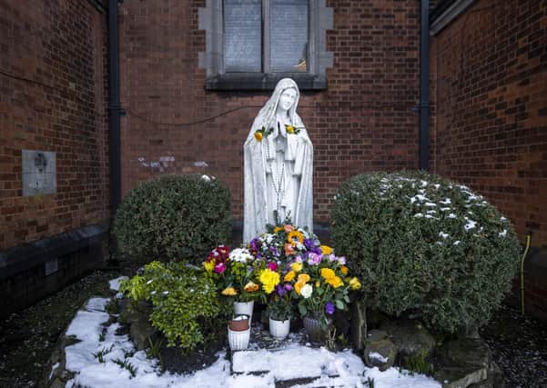 Statue of Our Lay Mary outside the Good Shepherd Catholic Church on the Ormeau Road in Belfast which shared the site with Magdalene Asylum ran by Roman Catholic Good Shepherd Sisters from 1867, with the Laundry closing in 1977.