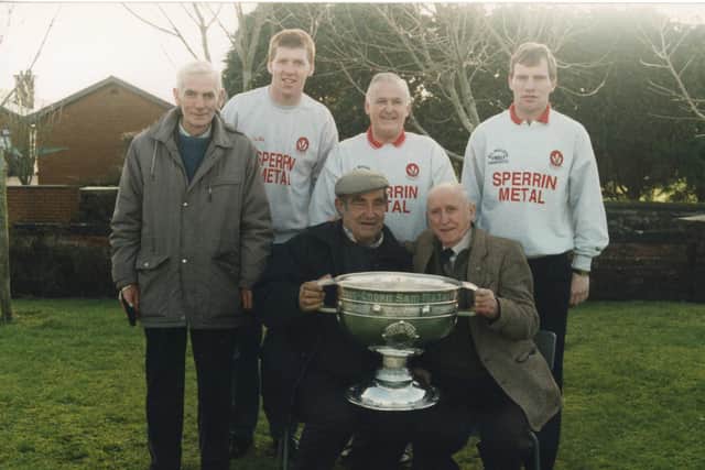 Harry Gribbin, Brian McGilligan and Tony Scullion showing off the Sam Maguire Cup back in 1993.