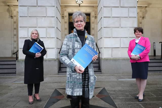 First Minister Arlene Foster and Deputy First Minister Michelle O’Neill pictured with Judith Gillespie, the Independent Chair of the inter-Departmental working group on Mother and Baby Homes, Magdalene Laundries and Historical Clerical Child Abuse (Photo by Kelvin Boyes / Press Eye.)