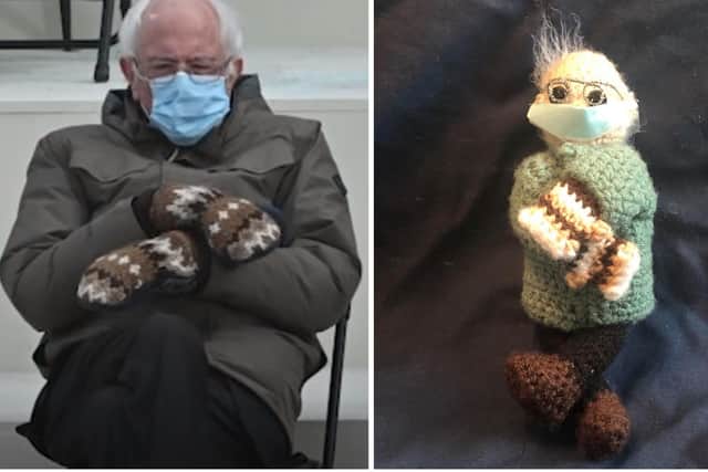 The real deal Bernie Sanders on left and Rosie McCann's crochet version of the Us politician at President Biden's inauguration. (See Etsy page Crochet By Rosiebelle.)