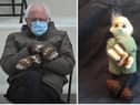 The real deal Bernie Sanders on left and Rosie McCann's crochet version of the Us politician at President Biden's inauguration. (See Etsy page Crochet By Rosiebelle.)