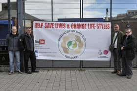 2017: Derry Detox campaign members  Gavin Patton, George Cairns, (the late) Tomas O’ Tiomanaigh and Fionnbarra O'Dochartaigh pictured at Pilots Row Centre, at the unveiling of a banner.  DER3017GS094