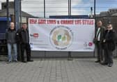 2017: Derry Detox campaign members  Gavin Patton, George Cairns, (the late) Tomas O’ Tiomanaigh and Fionnbarra O'Dochartaigh pictured at Pilots Row Centre, at the unveiling of a banner.  DER3017GS094