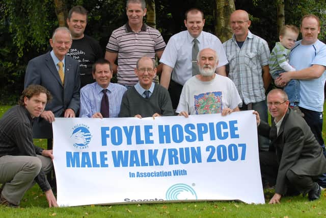 2007: Group pictured at the launch of the Foyle Hospice Male Walk/Run 2007 in association with Seagate, from left, front, William O'Kane, Dr. Tom McGinley, Director of the Foyle Hospice, Noel McMonagle, Harry McNulty, Eamon Baker and Gerry Kindlon, back row, Hugo Hegarty, Micky Clifford, Ciaran McGinley, Andy Breslin, Paul Harkin jnr and Paul Harkin snr. LS30-130KM