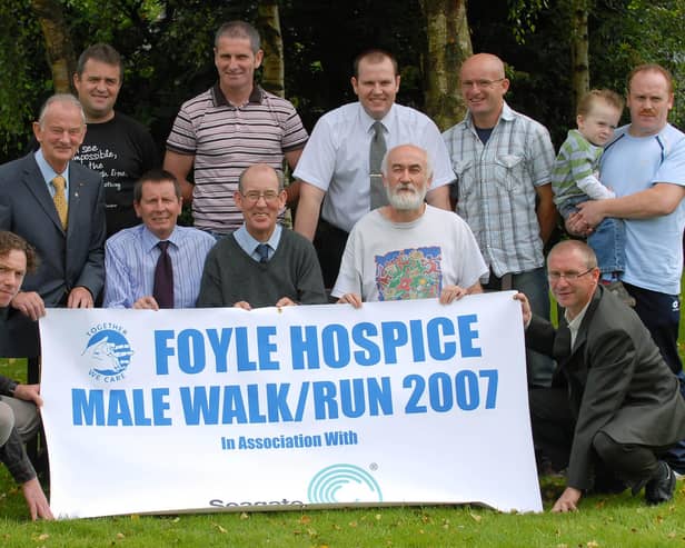 2007: Group pictured at the launch of the Foyle Hospice Male Walk/Run 2007 in association with Seagate, from left, front, William O'Kane, Dr. Tom McGinley, Director of the Foyle Hospice, Noel McMonagle, Harry McNulty, Eamon Baker and Gerry Kindlon, back row, Hugo Hegarty, Micky Clifford, Ciaran McGinley, Andy Breslin, Paul Harkin jnr and Paul Harkin snr. LS30-130KM