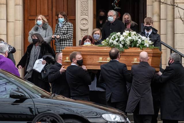 The funeral of Foyle Hospice founder Dr. Tom McGinley at St. Patrickâ€TMs Church Pennyburn in Derry. Picture Martin McKeown. 31.01.21