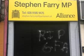 Graffiti daubed on Stephen Farry's office in Bangor.