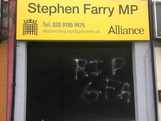 Graffiti daubed on Stephen Farry's office in Bangor.
