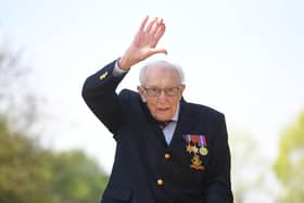 File photo dated 16/04/2020 of the then 99-year-old war veteran Captain Tom Moore at his home in Marston Moretaine, Bedfordshire, after he achieved his goal of 100 laps of his garden
