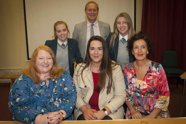 2019: Alliance Party leader and MEP Naomi Long and Councillor Rachael Ferguson (centre, front row) pictured with staff from Thornhill College following a Q&A session. (Photo: Jim McCafferty Photography)