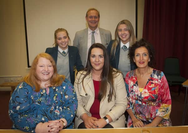 2019: Alliance Party leader and MEP Naomi Long and Councillor Rachael Ferguson (centre, front row) pictured with staff from Thornhill College following a Q&A session. (Photo: Jim McCafferty Photography)