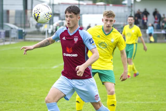 EYES ON THE PRIZE . . .  Patrick Ferry, pictured in action for the City Reserves  against Bonagee United, is 'over the moon' to sign his first professional contract with Derry City.