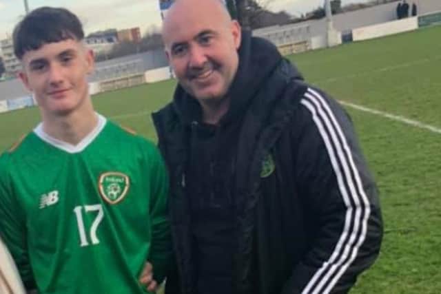 Patrick 'Dixie' Ferry and his father pictured ahead of the U18 Schools International Friendly between Republic of Ireland and Australia at Home Farm, Whitehall in Dublin last year.