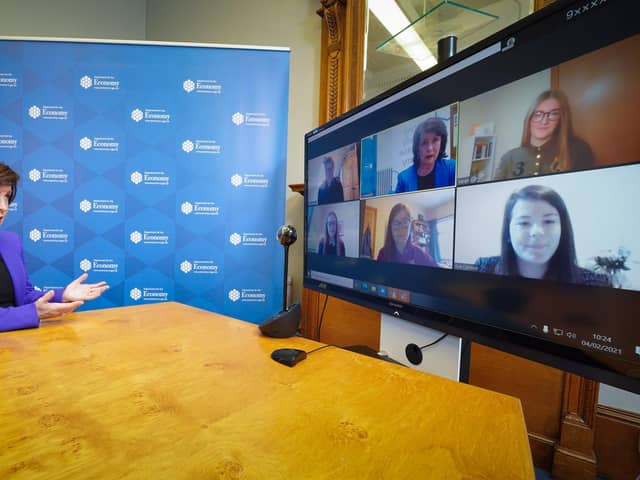 Economy Minister Diane Dodds talking with higher education students from the local universities on Thursday morning. Photo by Aaron McCracken