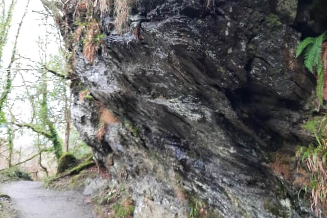 An overhang of Dalradian shale. At over 400 million years old, they are the oldest rock formations in mainland Ireland.