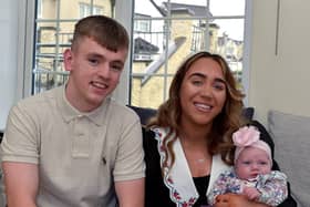 Ciaron Harkin pictured with his partner Demi Gallagher and their eight weeks old daughter Indie Gallagher Harkin. Photos: George Sweeney.