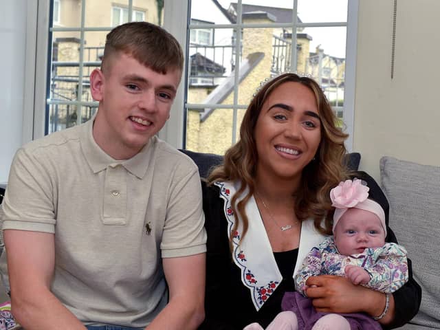 Ciaron Harkin pictured with his partner Demi Gallagher and their eight weeks old daughter Indie Gallagher Harkin. Photos: George Sweeney.