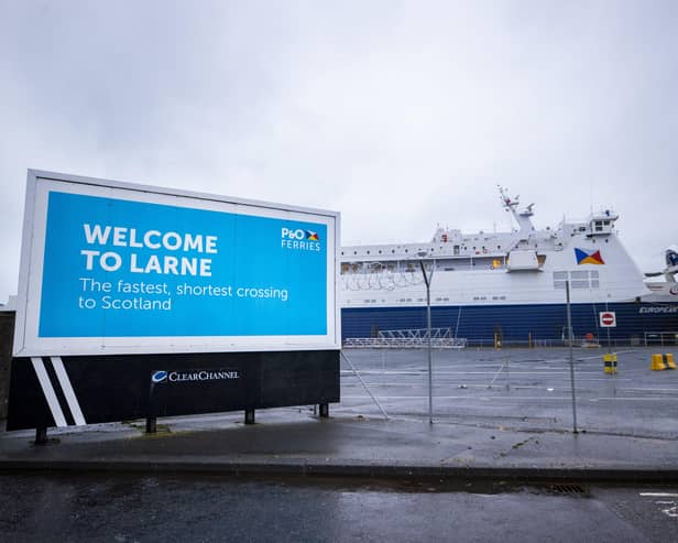 Billboard from P&O Ferries welcoming people to Larne Port.