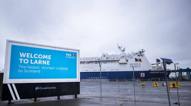 Billboard from P&O Ferries welcoming people to Larne Port.