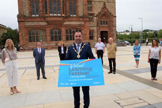 JULY 2020: Mayor Brian Tierney at the launch of Virtual Learning Festival with Juliette Barber, St Cecilia's College, Provost Malachy O' Neill, Magee UU, Gillian Moss, NWRC, Padraig Canavan, Learning City Chair, Paul Haslam, Learning City, Michelle Murphy, DCSDC and Tina Gillespie, DCSDC. (Photo - Tom Heaney, nwpresspics)
