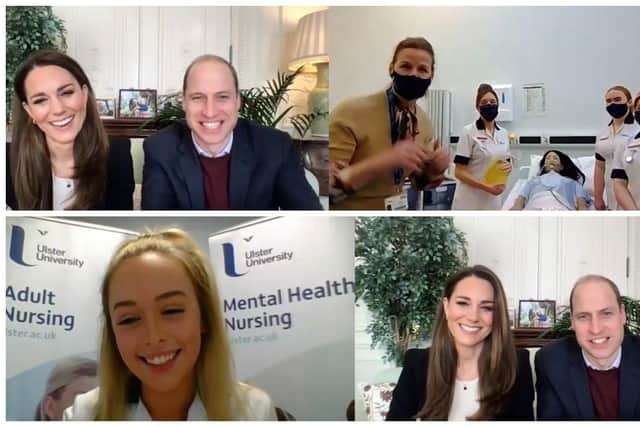 TOP:  William and Kate speaking to Magee staff and students  (l-r) Stephanie Dunleavey, Lecturer in the School of Nursing, Ulster University, Elizabeth (Lisa) Semerdzhieva, Year 3 Nursing student, Rachel Reid, Year 3 Nursing student, Paige Murray, Year 3 Nursing student. BELOW: Abigail McGarvey, Year 1 Nursing Student. (Pics: Kensington Palace)