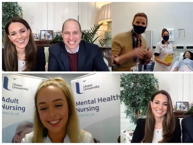 TOP:  William and Kate speaking to Magee staff and students  (l-r) Stephanie Dunleavey, Lecturer in the School of Nursing, Ulster University, Elizabeth (Lisa) Semerdzhieva, Year 3 Nursing student, Rachel Reid, Year 3 Nursing student, Paige Murray, Year 3 Nursing student. BELOW: Abigail McGarvey, Year 1 Nursing Student. (Pics: Kensington Palace)