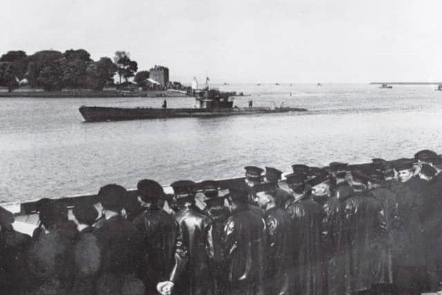 U-boats approach Lisahally jetty to surrender, May 14, 1945.