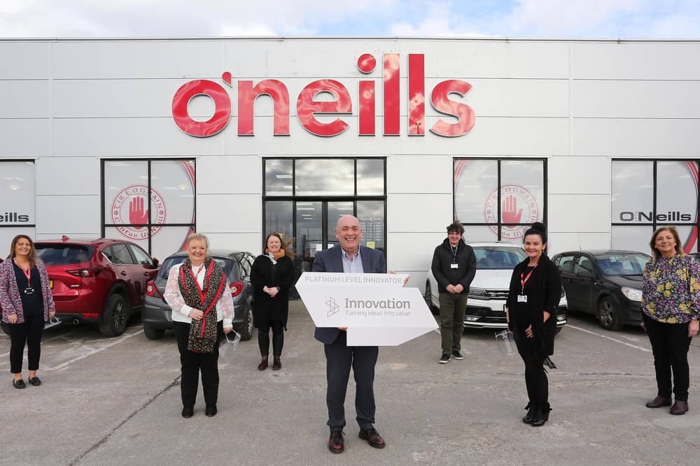 Oâ€TMNeills Irish International Sports Co. Ltd has been awarded Platinum Level Innovator status in the Innovate NI Innovation Accreditation Programme, the highest accolade available in the assessment process. Innovate NI is a Department for the Economy programme delivered by Invest Northern Ireland.
Pictured are Kieran Kennedy, Managing Director of O'Neills with staff members Christine O'Donnell, Arlene Donaghey, Patricia Cairns, Ronan McSorley, Wendy McChrystal and Mary Flanagan.