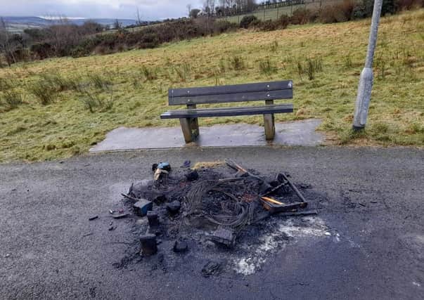 Damage caused by vandals and arsonists at Ballymagowan Urban Park.