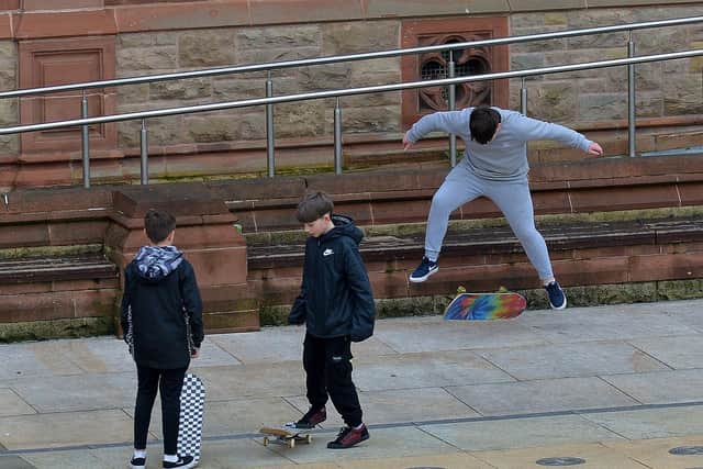 Young lads practice their skateboard skills in Guildhall Square recently. DER2106GS – 016