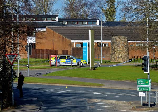 A police car parked near the entrance of Altnagelvin Hospital close to a fatal road traffic accident scene on the Glenshane Road on Monday morning. Photo: George Sweeney / Derry Journal. DER2108GS – 018