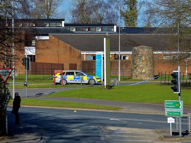 A police car parked near the entrance of Altnagelvin Hospital close to a fatal road traffic accident scene on the Glenshane Road on Monday morning. Photo: George Sweeney / Derry Journal.  DER2108GS – 018