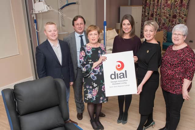 2019: Dr Aaron Peace CEO, C-TRIC (left) pictured at the launch of the Design Assisted Living Centre at NWRC with Dr Leo Murphy, Chief Executive and Principal NWRC, Geraldine Lavery, NWRC, Sarah Travers and Vonnie McWilliams, DIAL Centre Manager, and Geraldine Grieve, RNIB. (Picture Martin McKeown).