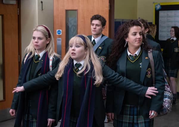 Some of the Derry Girls cast in a scene from the show. (L-R) Saoirse Monica-Jackson as Erin, Dylan Llewellyn as James Maguire, Nicola Coughlan as Clare, Jamie-Lee O' Donnell as Michelle.  PA Photo/Channel 4/Peter Marley