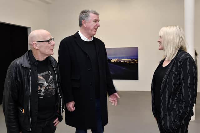 2019: Chatting at launch of the Opened Ground exhibition in Void Gallery were Eamon McCann, Willie Doherty, artist, and Mary Cremin, Director of Void Gallery. DER0719-105KM