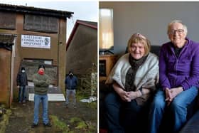LEFT: Colly McLaughlin, founder of the Galliagh Community Response group pictured with members of the group outside a derelict house in Fergleen Park. RIGHT: Monica Harkin (right) and her daughter Joanne, who have welcomed the GCR group’s securing of an adjacent derelict property in Fergleen Park, pictured in their home.