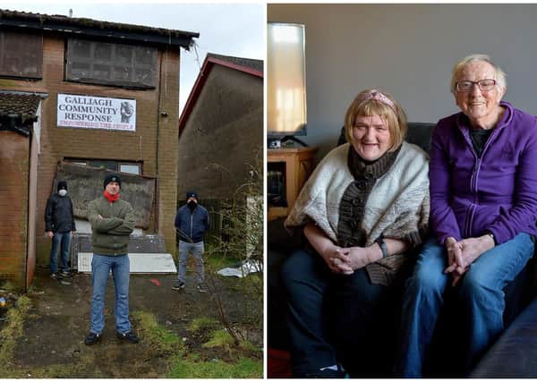 LEFT: Colly McLaughlin, founder of the Galliagh Community Response group pictured with members of the group outside a derelict house in Fergleen Park. RIGHT: Monica Harkin (right) and her daughter Joanne, who have welcomed the GCR group’s securing of an adjacent derelict property in Fergleen Park, pictured in their home.