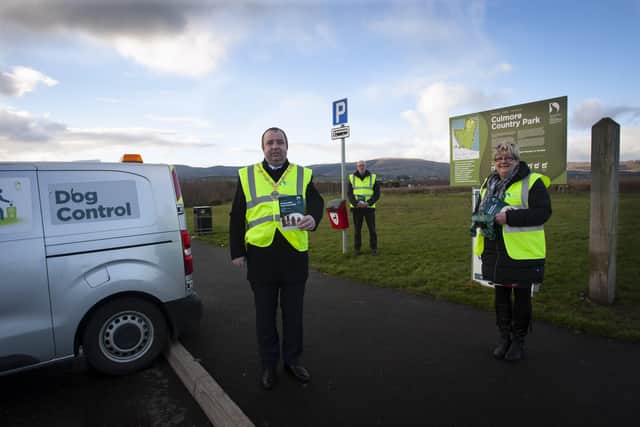 DOG FOULING HOTSPOTS. . . . .Mayor of Derry City and Strabane District Council, Brian Tierney pictured with Kieran Graham, DCSDC Dog Warden, and Councillor Angela Dobbins at Culmore Country Park on Thursday afternoon. The Mayor was carrying out a tour of the Council areasâ€TM dog fouling hot spots highlighted by local councillors. (Photo: Jim McCaffertyPhotography)